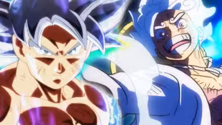 Imagen de Goku de Dragon Ball Super en Ultra Instinct a la izquierda luciendo decidido mientras que Luffy de One Piece en Gear 5 está a la derecha con una gran sonrisa.