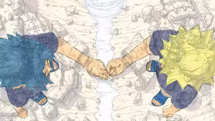 El capítulo 699 del manga Naruto Color Spread muestra versiones jóvenes de Naruto y Sasuke usando el signo del unísono mientras se proyectan sobre los escombros de su batalla final en el Valle Final, con ellos sangrando en el medio.