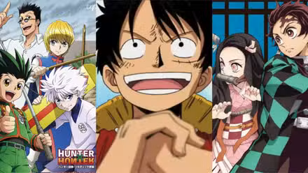 Un collage de tres imágenes. A la izquierda, los personajes principales de Hunter X Hunter posan felices. En el medio, Monkey D. Luffy sonríe y hace crujir los nudillos en One Piece. A la derecha, Tanjirou y Nezuko Kamado se preparan para atacar en Demon Slayer.