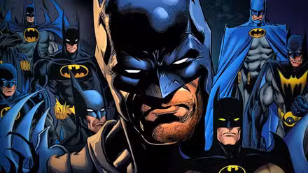 Arte del cómic: Batman rodeado de variantes del Caballero Oscuro en el arte de DC Comics