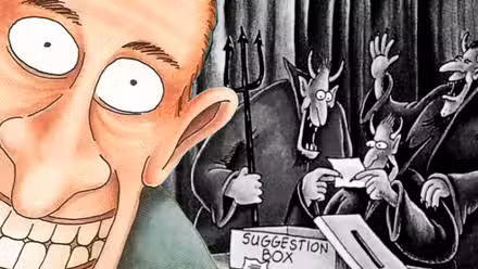 El hombre de Far Side con los ojos muy abiertos (izquierda) y los demonios riéndose del buzón de sugerencias del infierno (derecha)