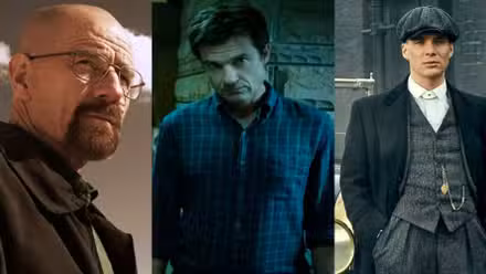 Imagen dividida de los personajes principales de Breaking Bad, Ozark y Peaky Blinders.jpg