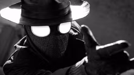 Spider-Man Noir de Nicolas Cage haciendo la famosa pose de Spider-Man con los dedos extendidos en Spider-Noir