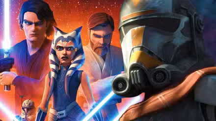 El cartel de la temporada 7 de Clone Wars junto a Hunter con su casco en The Bad Batch