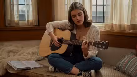 Ella Bright como Hannah Wells tocando la guitarra en la temporada 1 de Off Campus