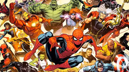Arte del cómic: plano general del Universo Marvel de superhéroes, incluidos varios héroes de los Vengadores y los X-Men.