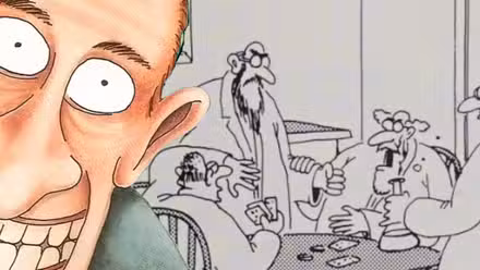 Hombre sonriente de Far Side (izquierda, primer plano) frente a una confrontación entre científicos (derecha, fondo).