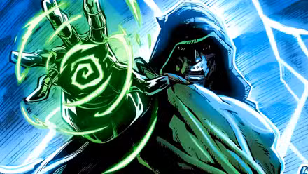 Doctor Doom lanza un hechizo verde durante una tormenta en la portada de Doomquest #1