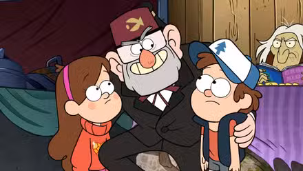 Stan abrazando a Mabel y Dipper en Gravity Falls