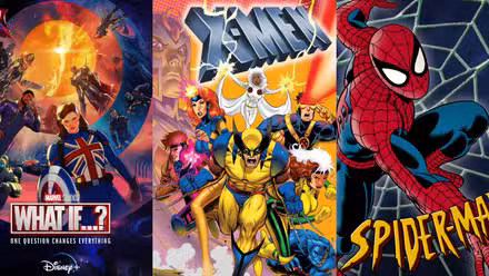Imagen dividida de carteles de What If, X-Men animado y Spider-Man animado