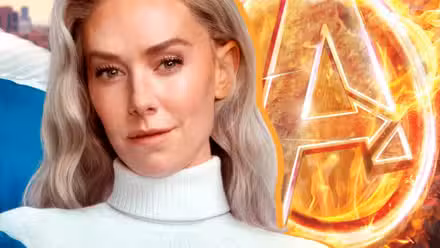 la mujer invisible de vanessa kirby y el logo de los vengadores ardientes