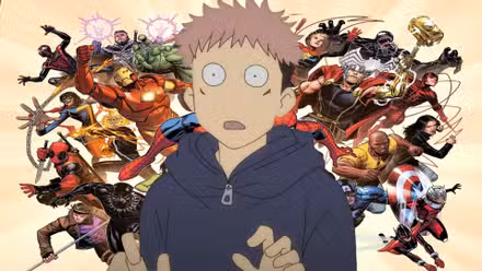 Encabezado destacado que muestra personajes de Marvel y Jujutsu Kaisen