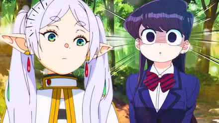 Frieren Beyond Journey's End y Komi Can't Communicate lucen sorprendidos uno al lado del otro