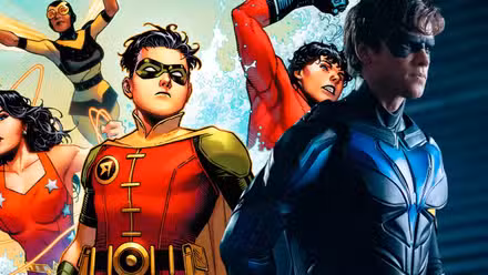 Imagen dividida de Wonder Girl, bumblebee, aqualad y robin de DC Comics y Nightwing de Titans