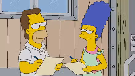 Un joven Homero y Marge parados afuera de un trailer en Los Simpson
