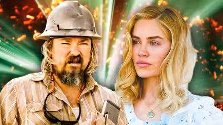 James Jordan como Dale Bradley en Landman y Michelle Randolph como Elizabeth Strafford en 1923 sobre un fondo verde