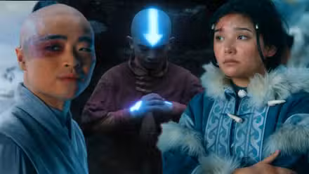 Aang entra en el estado Avatar entre Zuko y Katara del final de temporada de The Last Airbender de Netflix