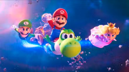 Luigi, Mario, Yoshi y Peach volando por el espacio en The Super Mario Galaxy Movie