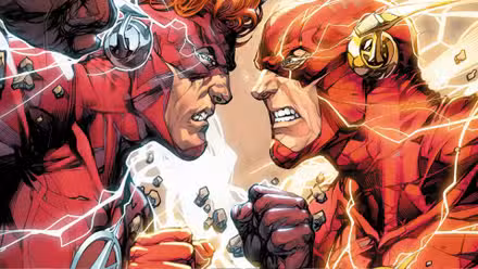 Wally West (el tercer Flash) y Barry Allen (el segundo Flash) se enfrentan en una pelea.