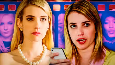 Imagen combinada de Emma Roberts en We're the Millers y Scream Queens sobre el fondo de una tira de película
