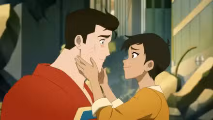 Lois Lane sosteniendo la cara magullada de Superman en Mis aventuras con Superman temporada 3