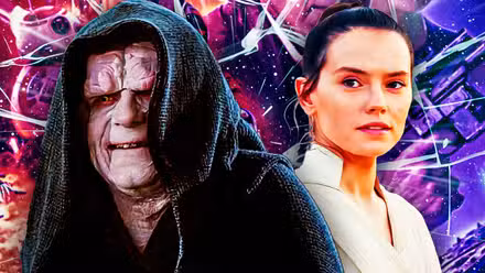 El Emperador Palpatine (Ian McDiarmid) en El retorno del Jedi, editado junto a Rey Skywalker (Daisy Ridley) en El ascenso de Skywalker. El fondo es vidrio fragmentado sobre el espacio.