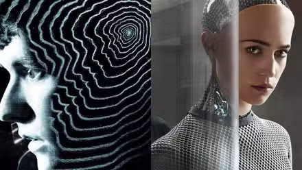 Una imagen dividida de carteles de películas de terror tecno, incluido Ex Machina.
