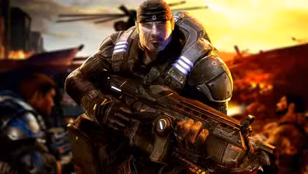 Marcus Fenix superpuesto a un arte promocional borroso para el juego original Gears of War