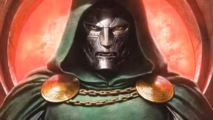 Doctor Doom frente a un portal rojo.