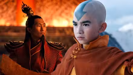 Una imagen compuesta de Aang luciendo decidido y Ozai parado frente a las llamas de Avatar The Last Airbender.