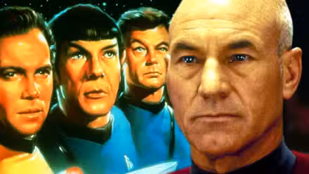 Jean-Luc Picard de The Next Generation junto al elenco de Star Trek The Original Series