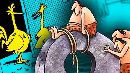 hombres de las cavernas y gallinas del otro lado