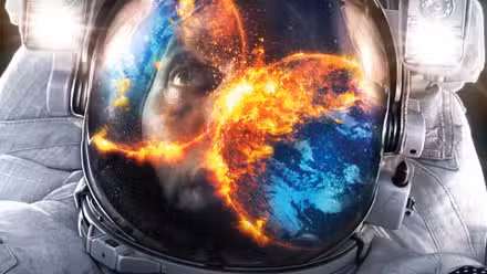 Imagen de la guerra de los mundos, que muestra a un astronauta observando la colisión de dos mundos.