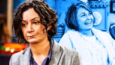 Imagen personalizada de Roseanne riendo en la temporada 10 de Roseanne y Darlene frunciendo el ceño en The Conners