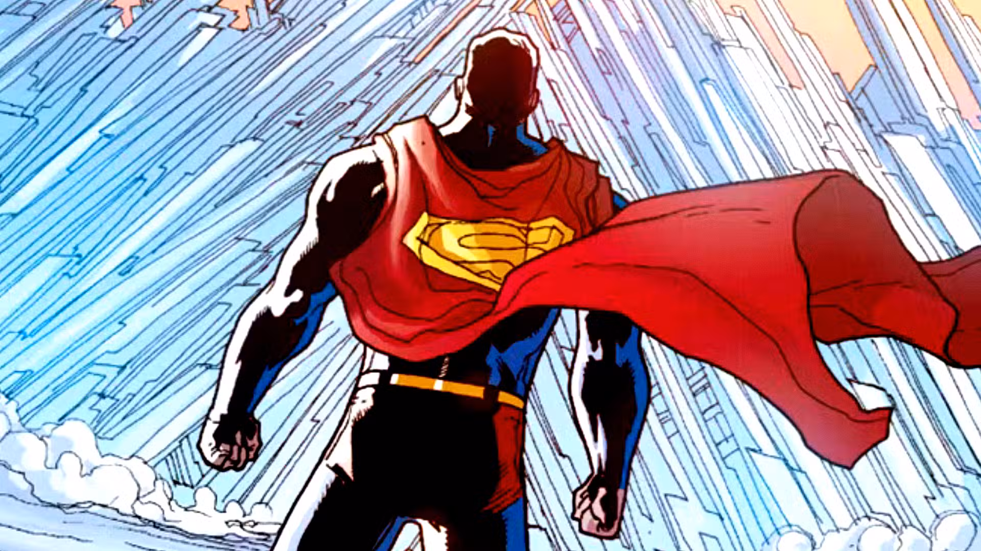 Superman se dirige hacia la Fortaleza de la Soledad, su capa ondeando al viento