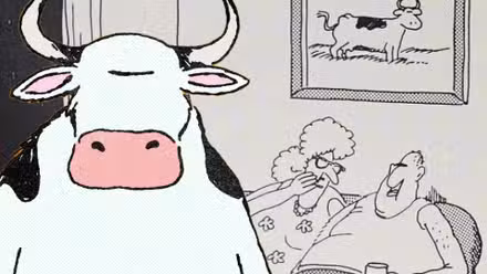 Vaca de Far Side (primer plano, color) con gente al fondo sentada en un sofá