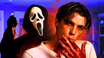 Ghostface con cuchillo junto a Skeet Ulrich como Billy en Scream de 1996