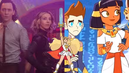 Imagen dividida de Loki y Sylvie de Loki, She-Ra de la serie de Netflix y Cleopatra con gato de Cleopatra In Space