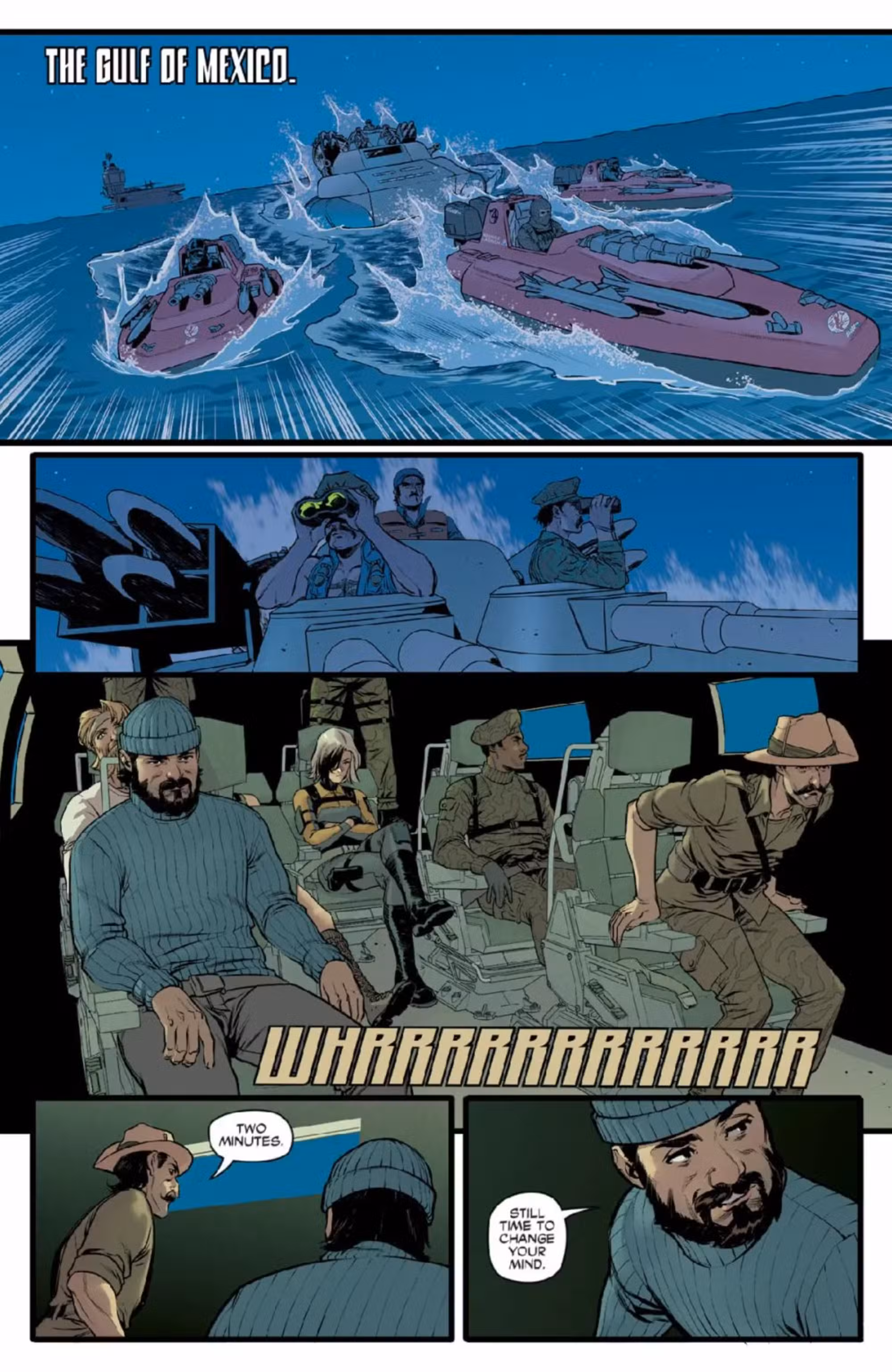 Vista previa del crossover cómico de Gi Joe Tomb Raider, página 1, que muestra a los Joes en una misión