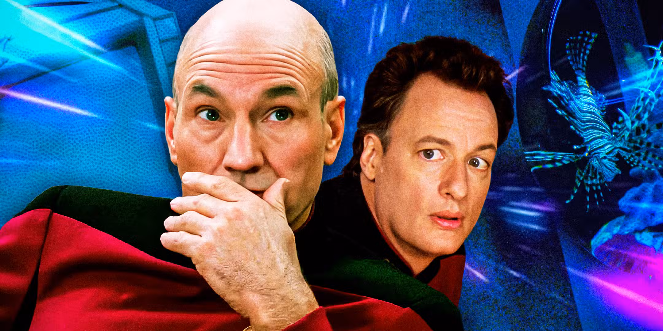 Patrick Stewart como el Capitán Picard y John de Lancie como Q de Star Trek The Next Generation