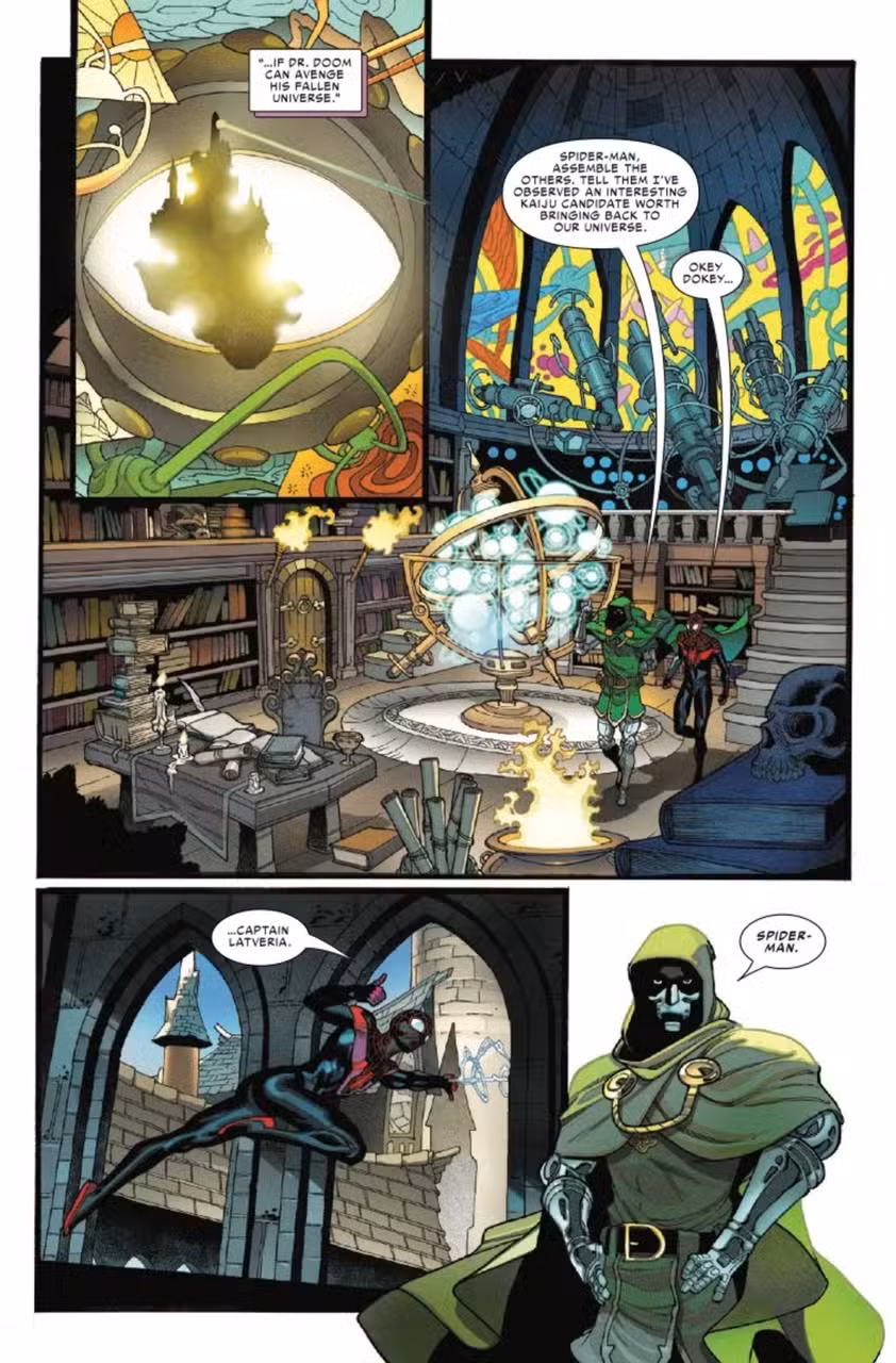Vista previa de Godzilla conquista el multiverso, página 3, que muestra el encuentro del Doctor Doom con Spider-Man