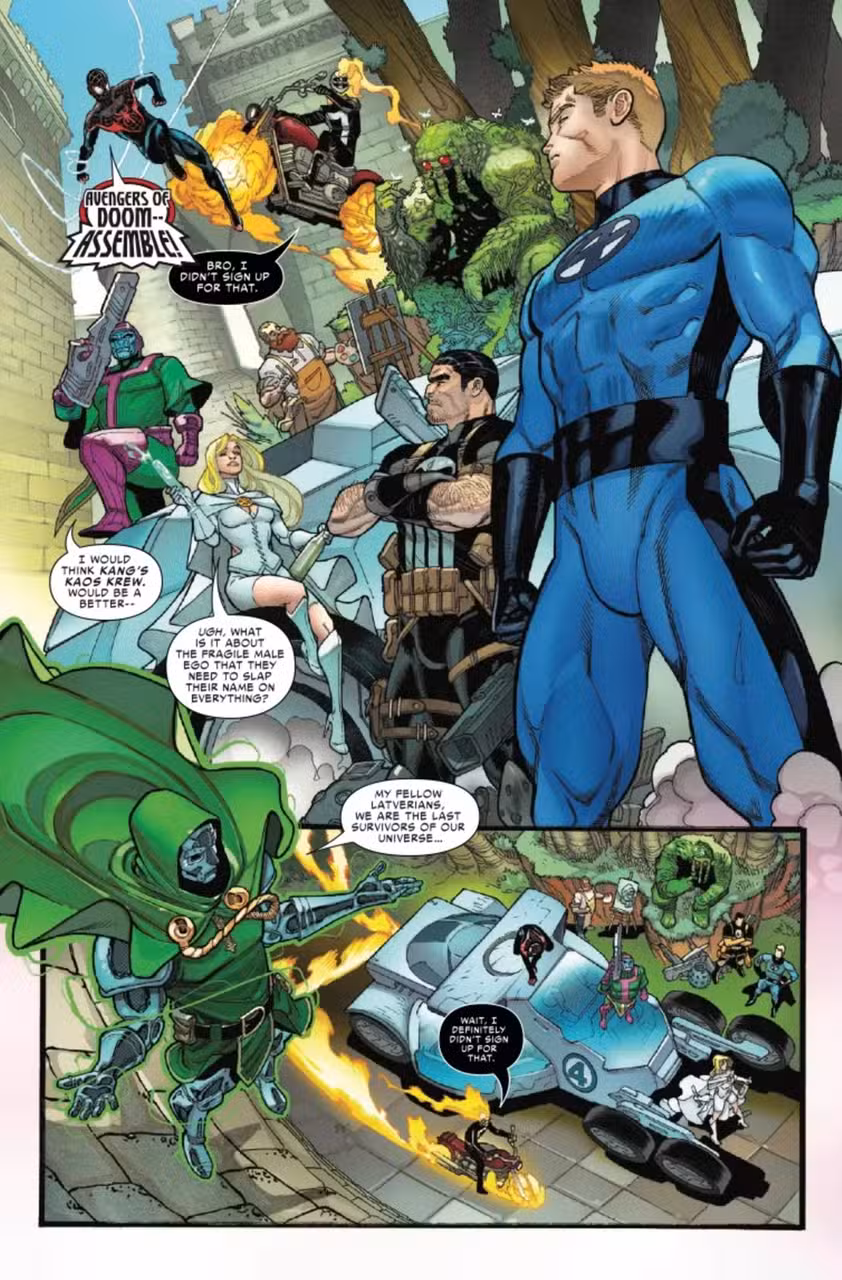 Godzilla conquista el avance del multiverso, página 4, que muestra al doctor Doom reuniendo a sus vengadores.