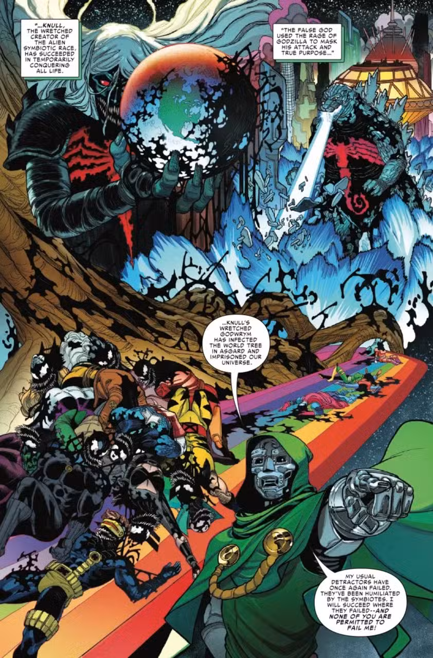 Godzilla conquista el avance del multiverso, página 5, que resume eventos pasados