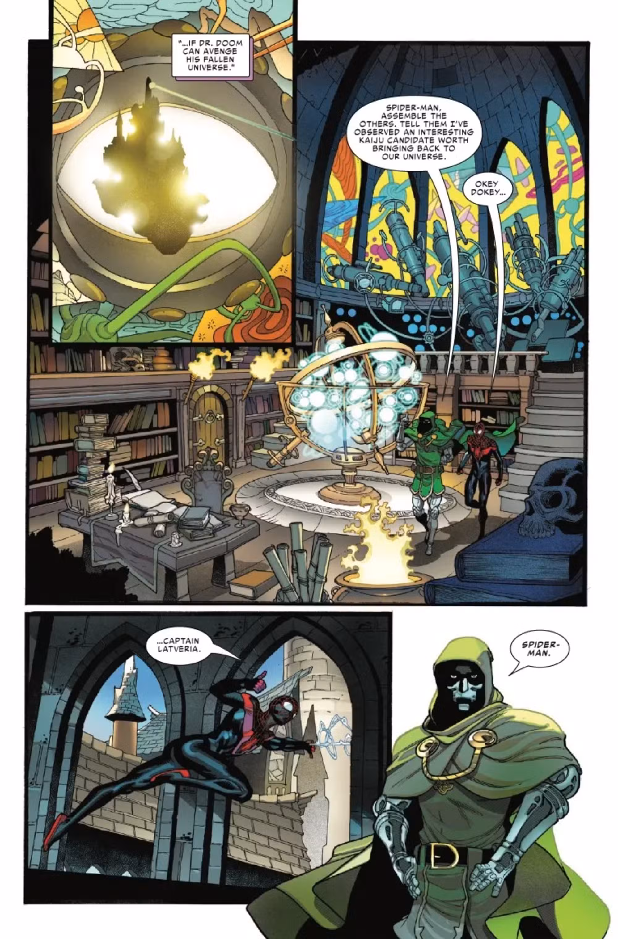 Vista previa de Godzilla conquista el multiverso, página 3, que muestra el encuentro del Doctor Doom con Spider-Man