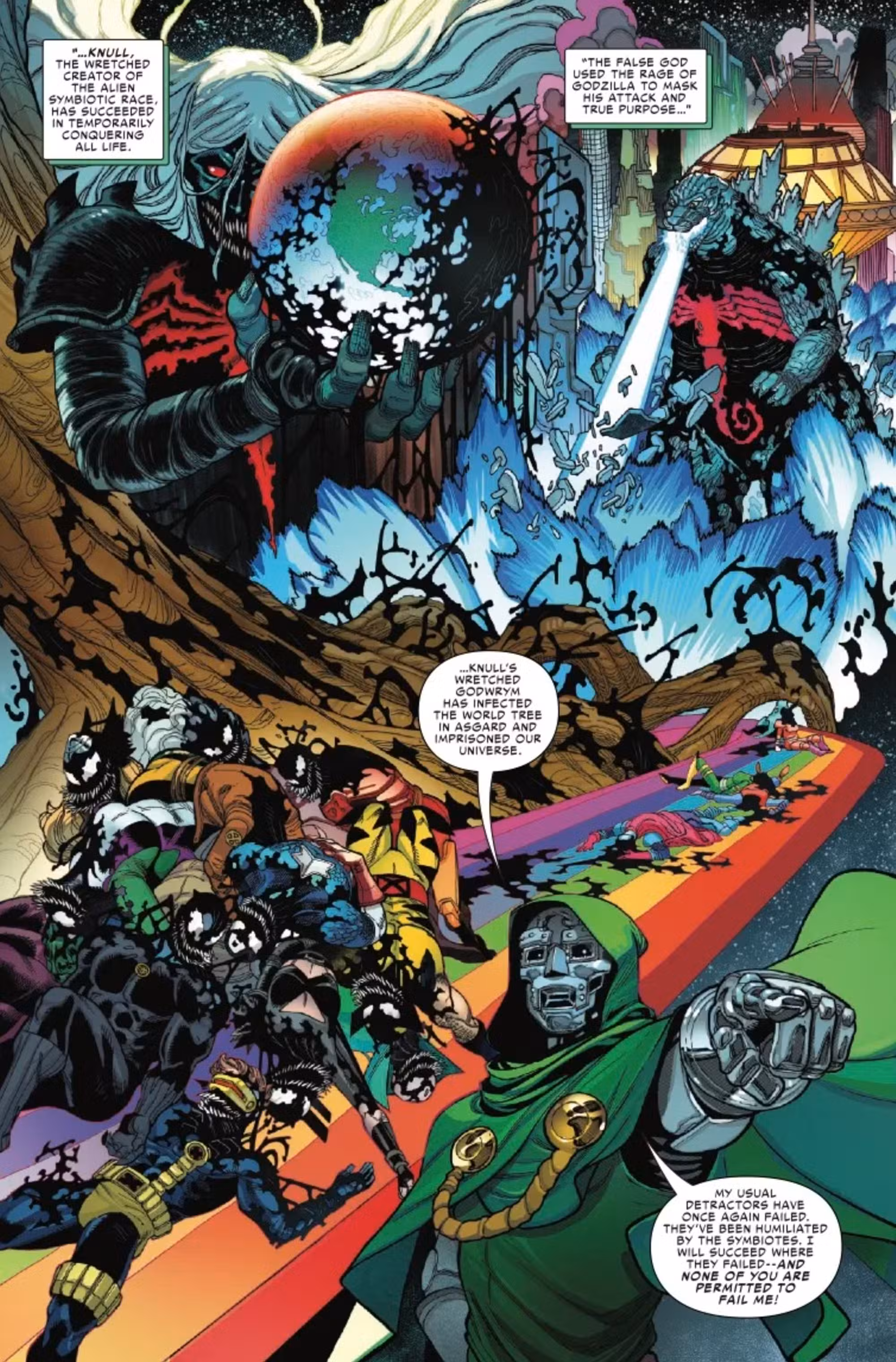 Godzilla conquista el avance del multiverso, página 5, que resume eventos pasados