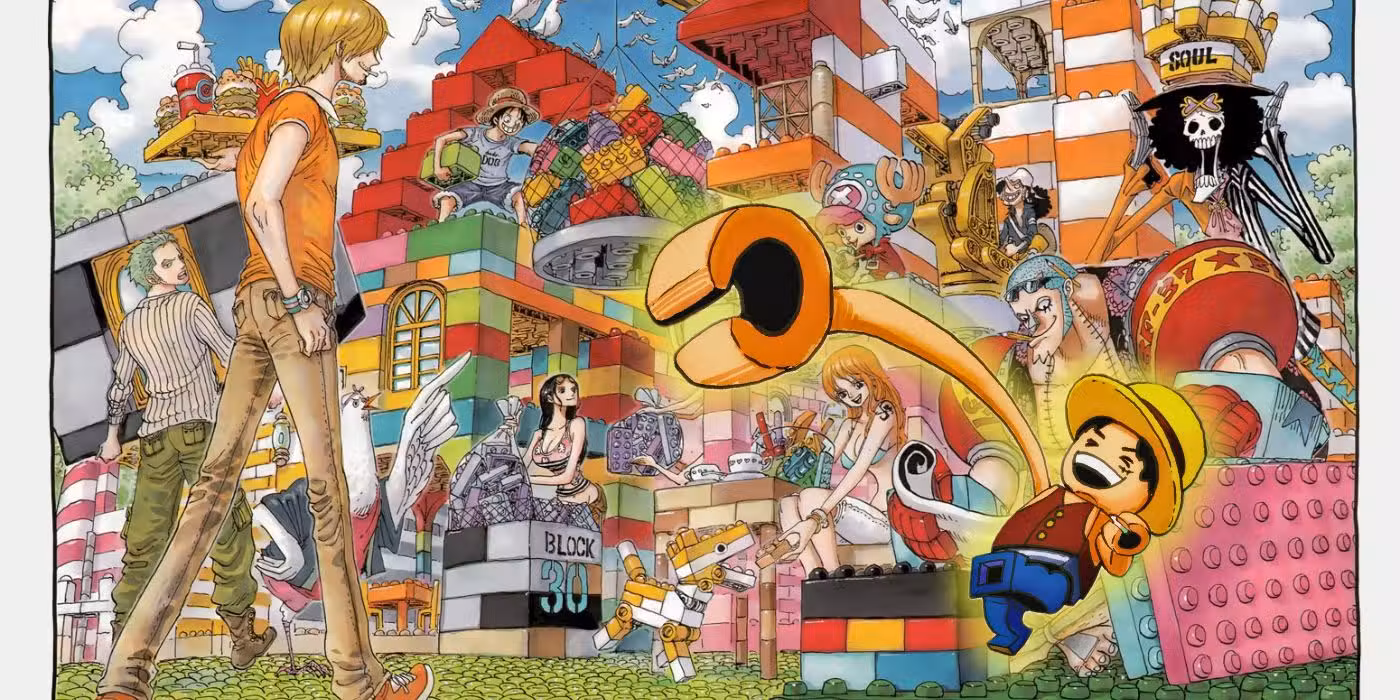 One Piece Manga Capítulo 622 que muestra a los de Sombrero de Paja entre bloques y Lego Luffy