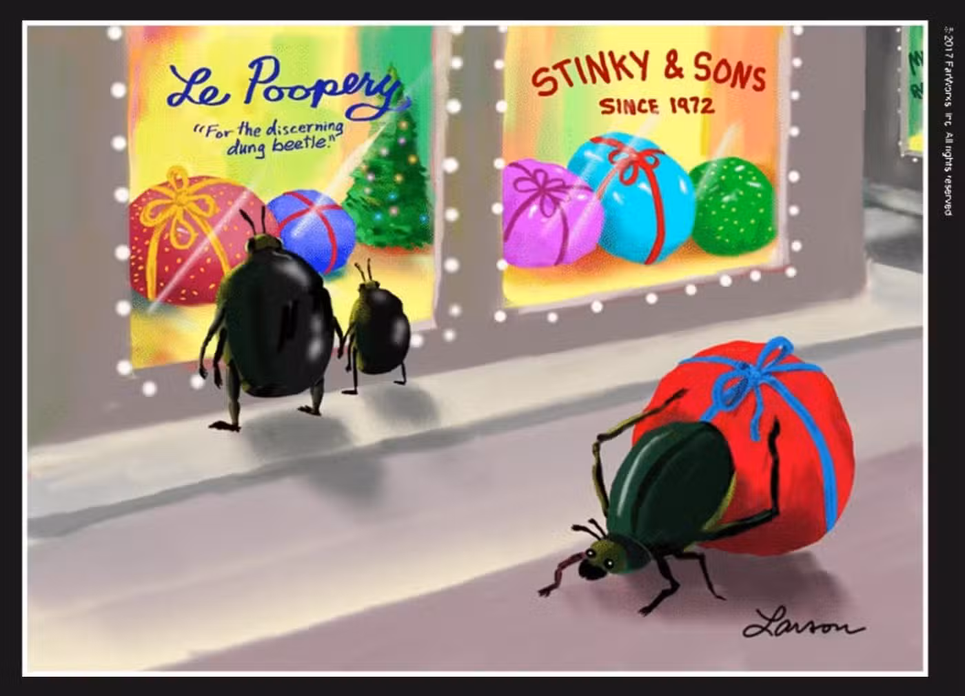 El nuevo cómic de Gary Larson sobre los escarabajos peloteros navideños. Compra bolas de estiércol.