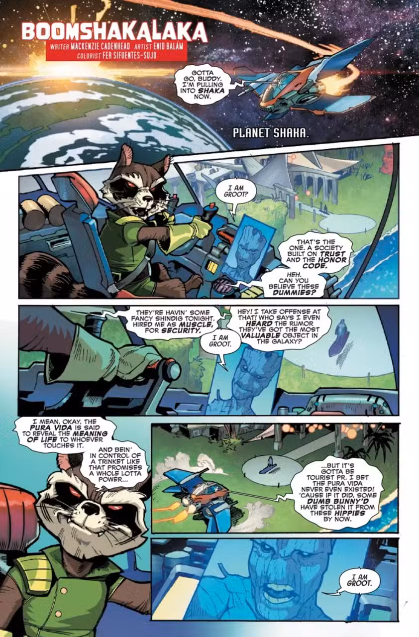 Vista previa de ROCKET RACCOON ROCKET REWIND 1, página 3, que muestra a Rocket discutiendo con Groot