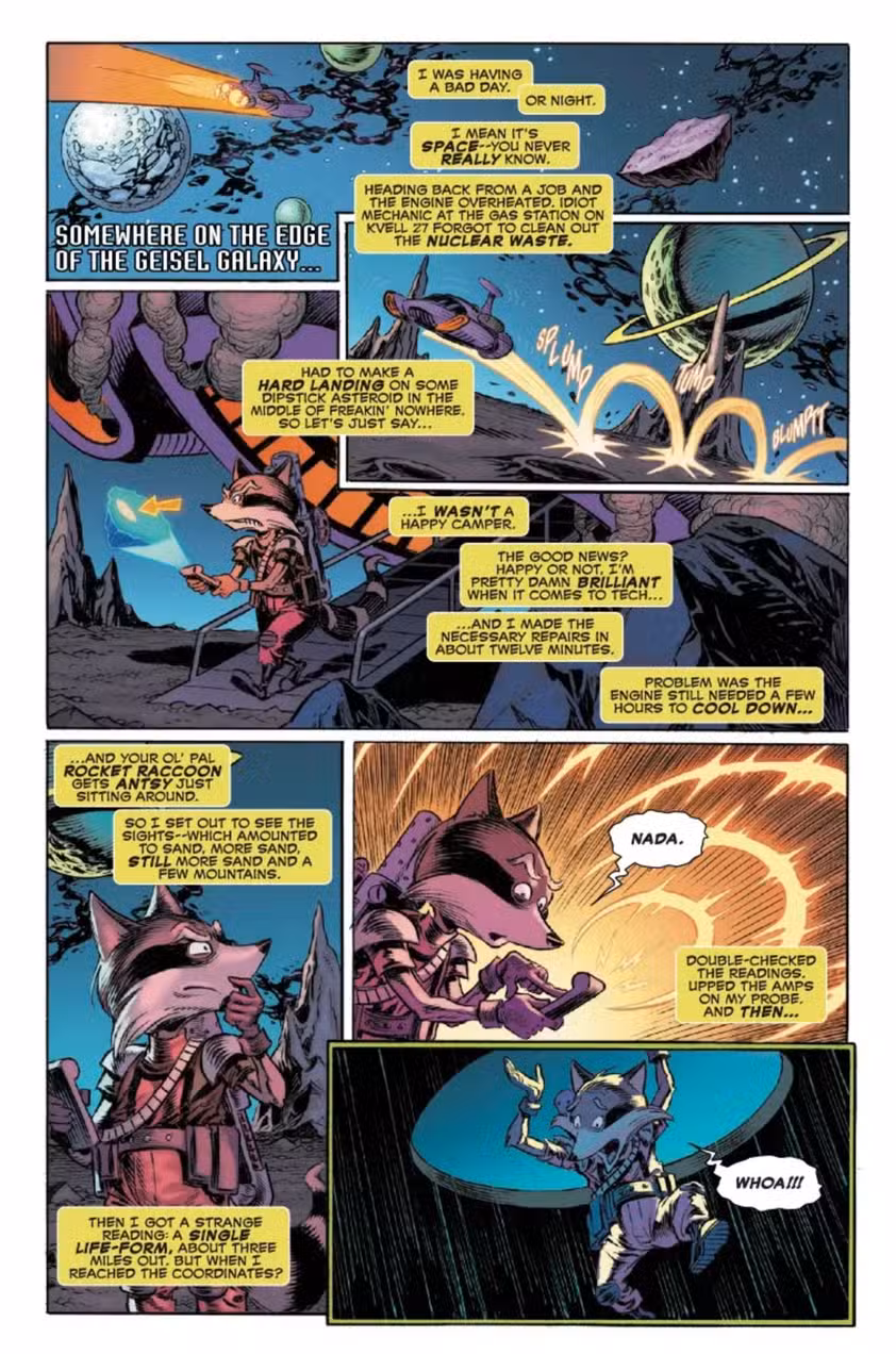 Vista previa de ROCKET RACCOON ROCKET REWIND 1, página 5, que muestra el cohete en una misión diferente