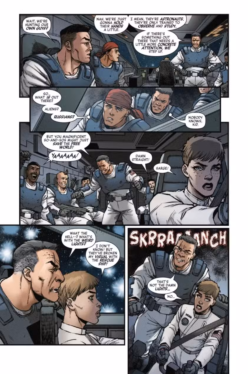 Vista previa de Predator vs Planet of the Apes #1, página 2, que muestra a los astronautas en una misión.